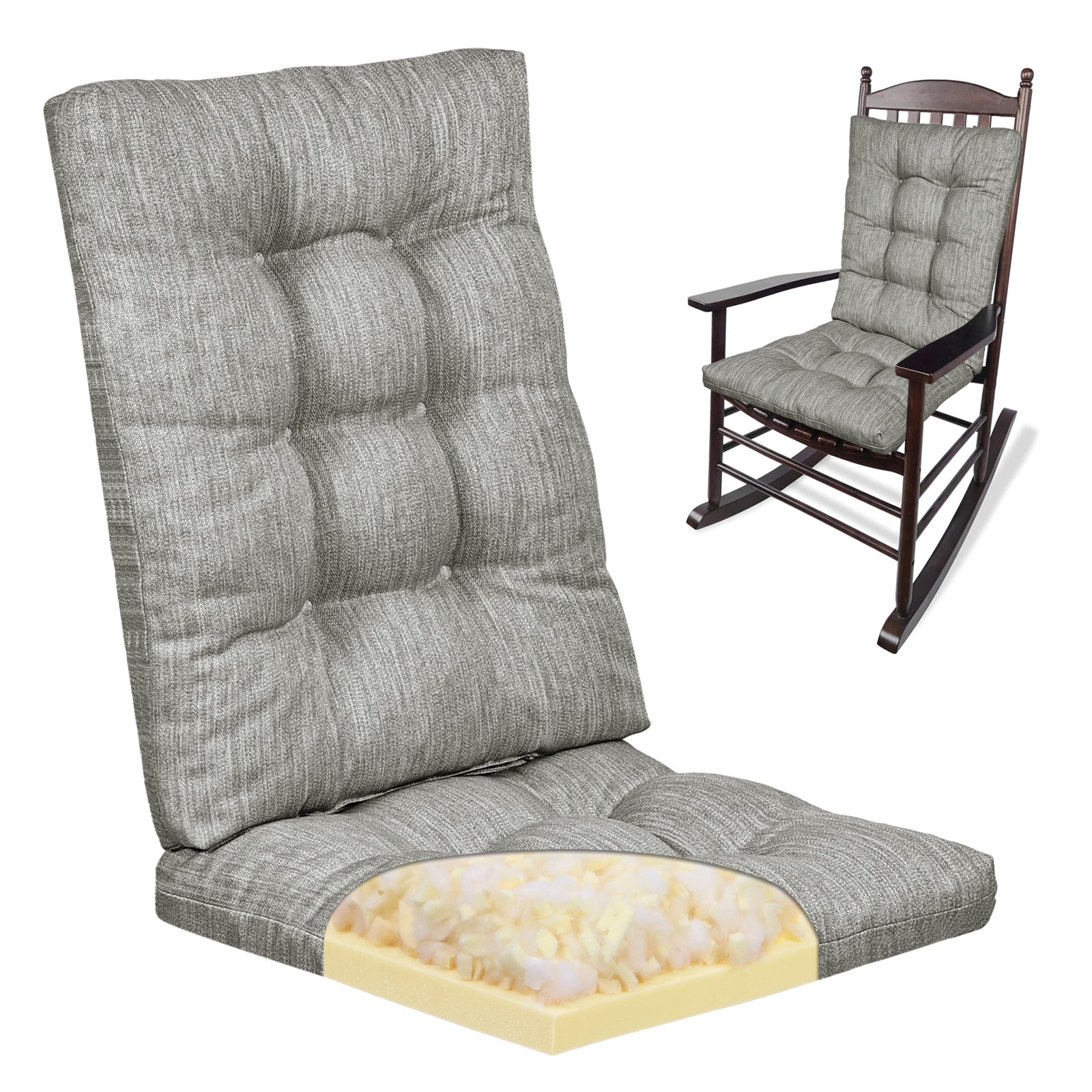 Rocking Chair Cushion Set, Dual-Layer Patented Design Memory Foam Seat & Back Cushion with Ties for Indoor Living Room Rocker, 2 Piece Set